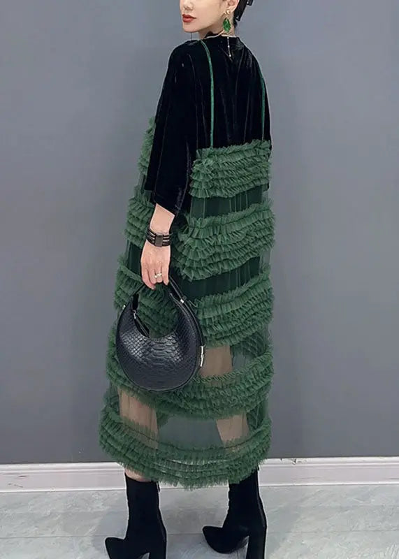 Boho Black Patchwork Green O-Neck Fake Two Pieces Tulle Long Dresses Long Sleeve Ada Fashion