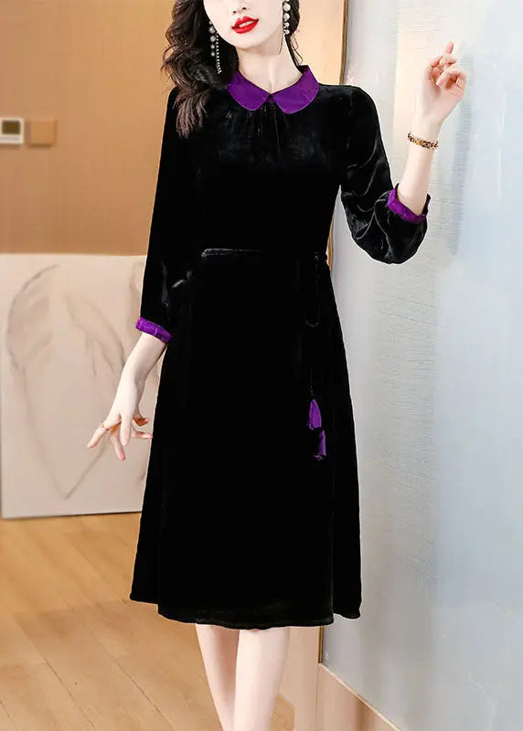 Boho Black Peter Pan Collar Patchwork Silk Velour Maxi Dresses Long Sleeve Ada Fashion