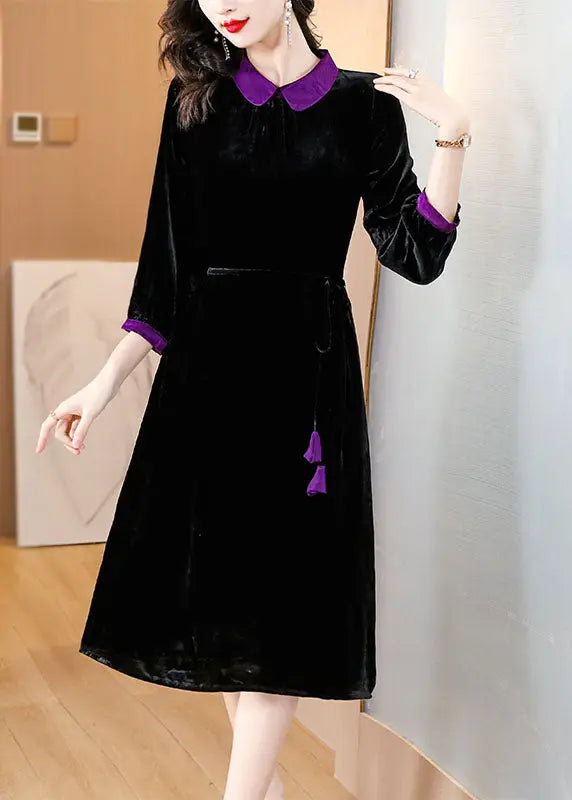 Boho Black Peter Pan Collar Patchwork Silk Velour Maxi Dresses Long Sleeve Ada Fashion