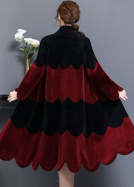 Boho Black Red Stand Collar Patchwork Wool Coat Winter Ada Fashion