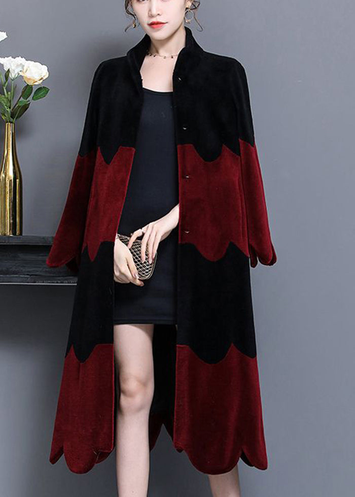 Boho Black Red Stand Collar Patchwork Wool Coat Winter Ada Fashion