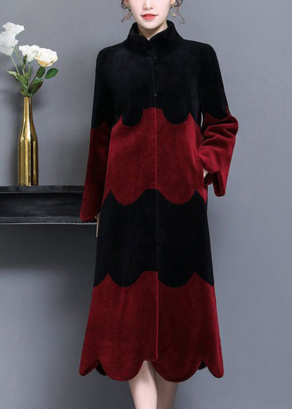 Boho Black Red Stand Collar Patchwork Wool Coat Winter Ada Fashion