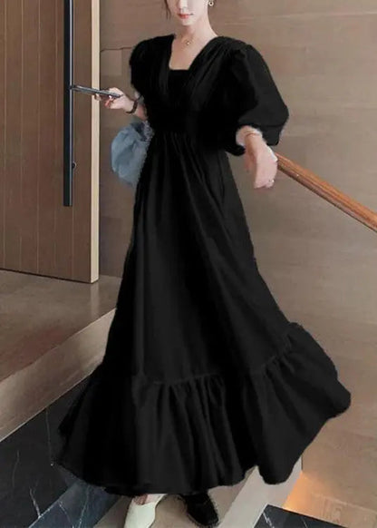 Boho Black Ruffled Lace Up Patchwork Cotton Long Dresses Summer Ada Fashion