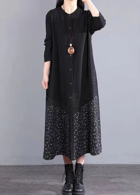 Boho Black Stand Collar Button Patchwork Cotton Dress Fall Ada Fashion