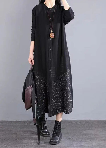 Boho Black Stand Collar Button Patchwork Cotton Dress Fall Ada Fashion