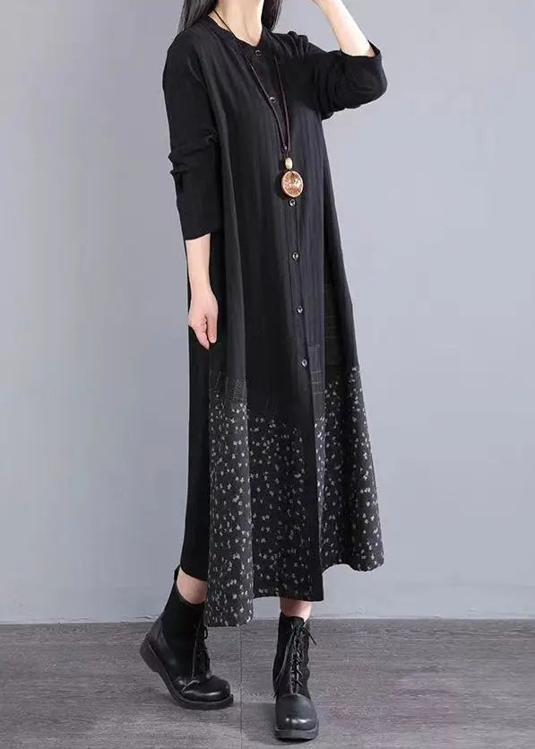 Boho Black Stand Collar Button Patchwork Cotton Dress Fall Ada Fashion