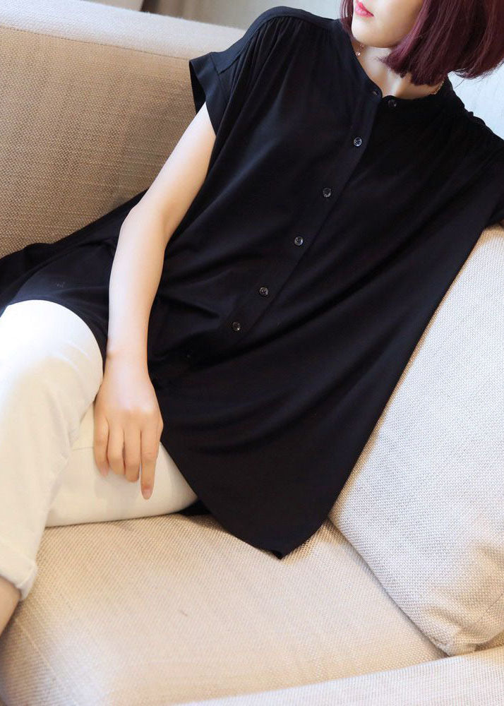Boho Black Stand Collar Oversized Button Cotton Shirt Short Sleeve LY1397 - fabuloryshop