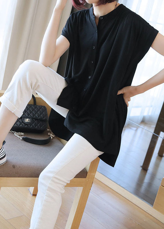 Boho Black Stand Collar Oversized Button Cotton Shirt Short Sleeve LY1397 - fabuloryshop