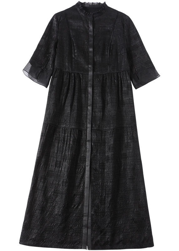 Boho Black Stand Collar Patchwork Ruffled Silk Dress Summer LY2231 - fabuloryshop