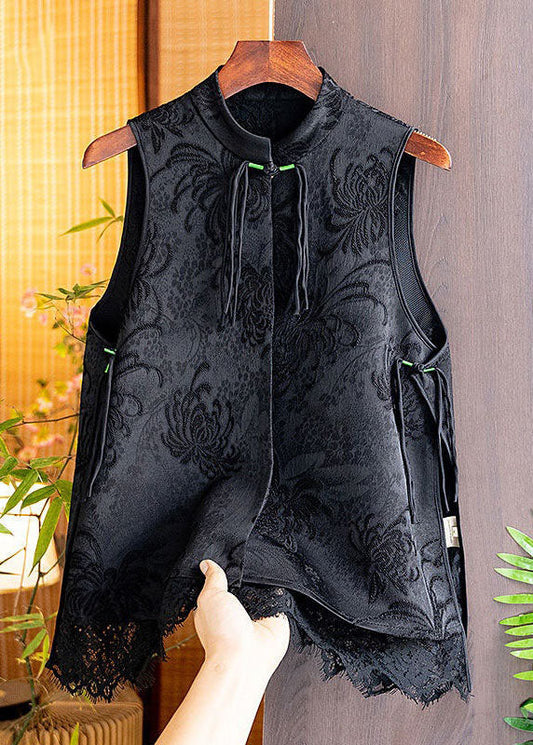 Boho Black Tasseled Patchwork Lace Side Open Silk Vest Sleeveless LC0292 - fabuloryshop