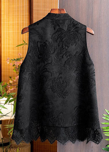 Boho Black Tasseled Patchwork Lace Side Open Silk Vest Sleeveless LC0292 - fabuloryshop