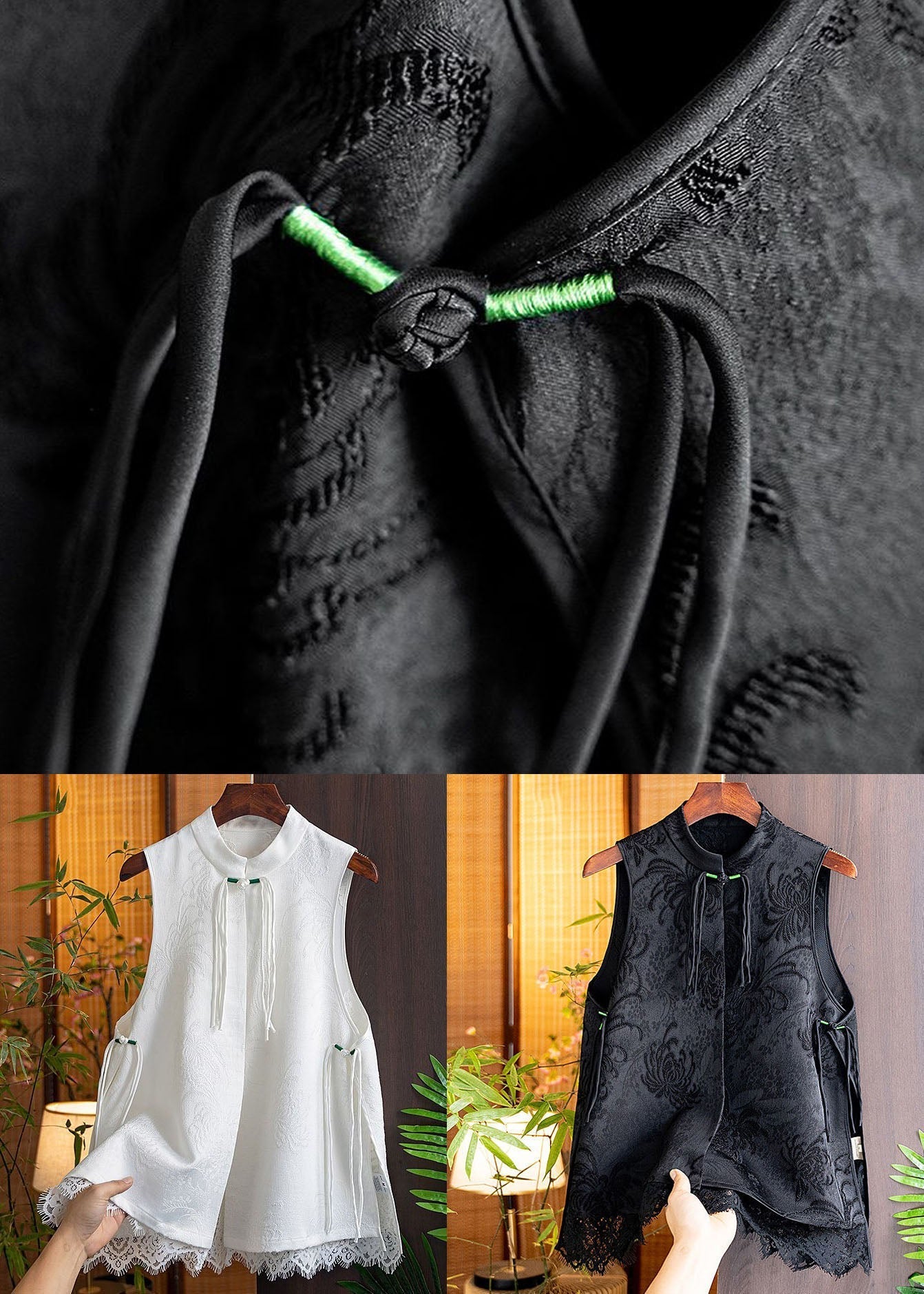 Boho Black Tasseled Patchwork Lace Side Open Silk Vest Sleeveless LC0292 - fabuloryshop
