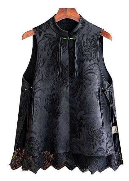 Boho Black Tasseled Patchwork Lace Side Open Silk Vest Sleeveless LY1718 - fabuloryshop