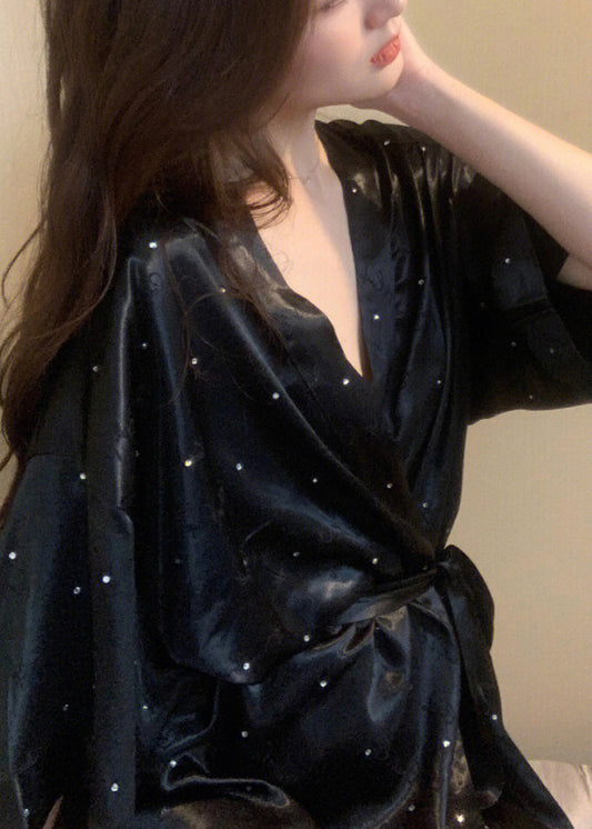 Boho Black V Neck Dot Tie Waist Ice Silk Mid Dress Long Sleeve TO1010 - fabuloryshop