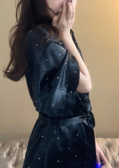 Boho Black V Neck Dot Tie Waist Ice Silk Mid Dress Long Sleeve TO1010 - fabuloryshop