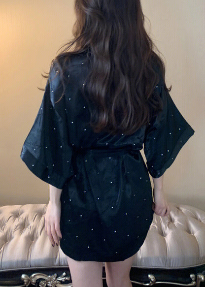 Boho Black V Neck Dot Tie Waist Ice Silk Mid Dress Long Sleeve TO1010 - fabuloryshop