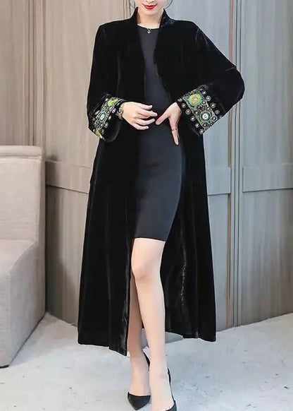 Boho Black V Neck Embroideried Patchwork Velour Cardigan Fall Ada Fashion