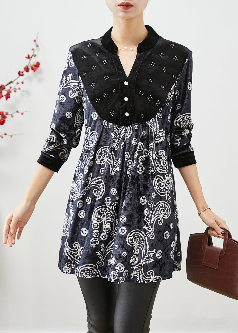 Boho Black V Neck Patchwork Print Silk Velour Long Shirt Fall Ada Fashion