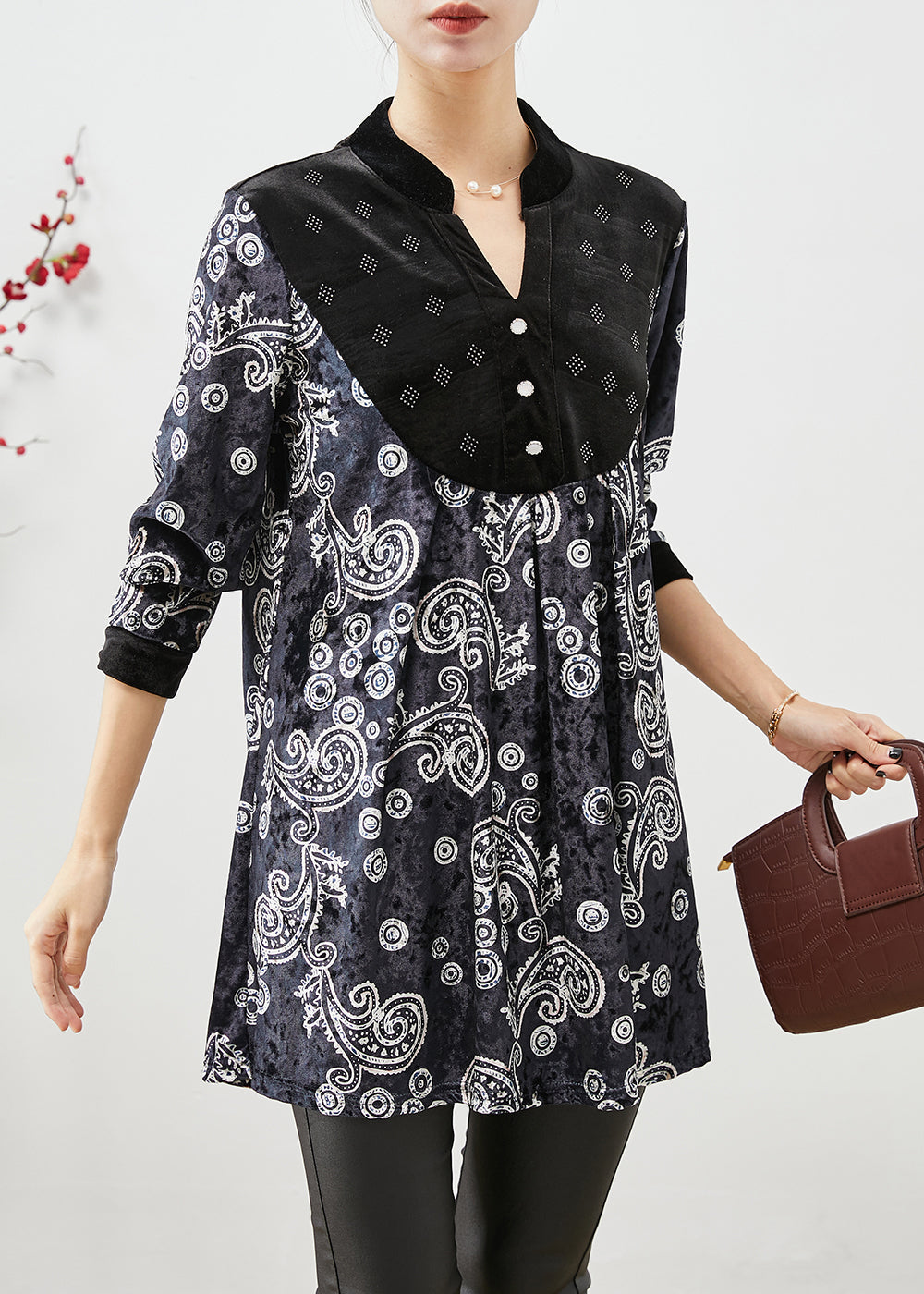 Boho Black V Neck Patchwork Print Silk Velour Long Shirt Fall Ada Fashion