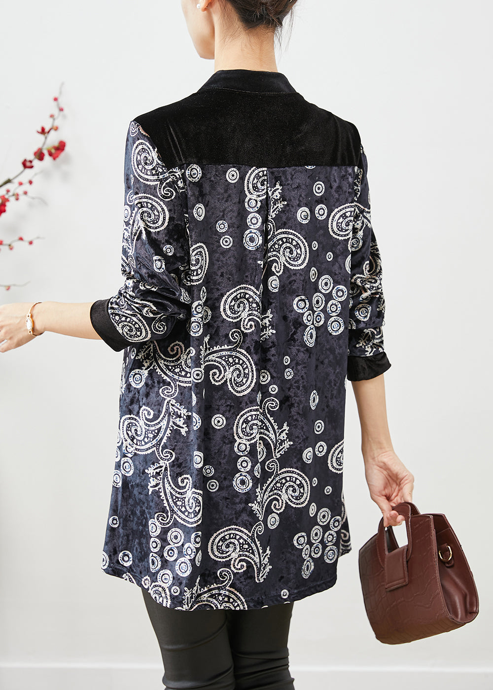 Boho Black V Neck Patchwork Print Silk Velour Long Shirt Fall Ada Fashion