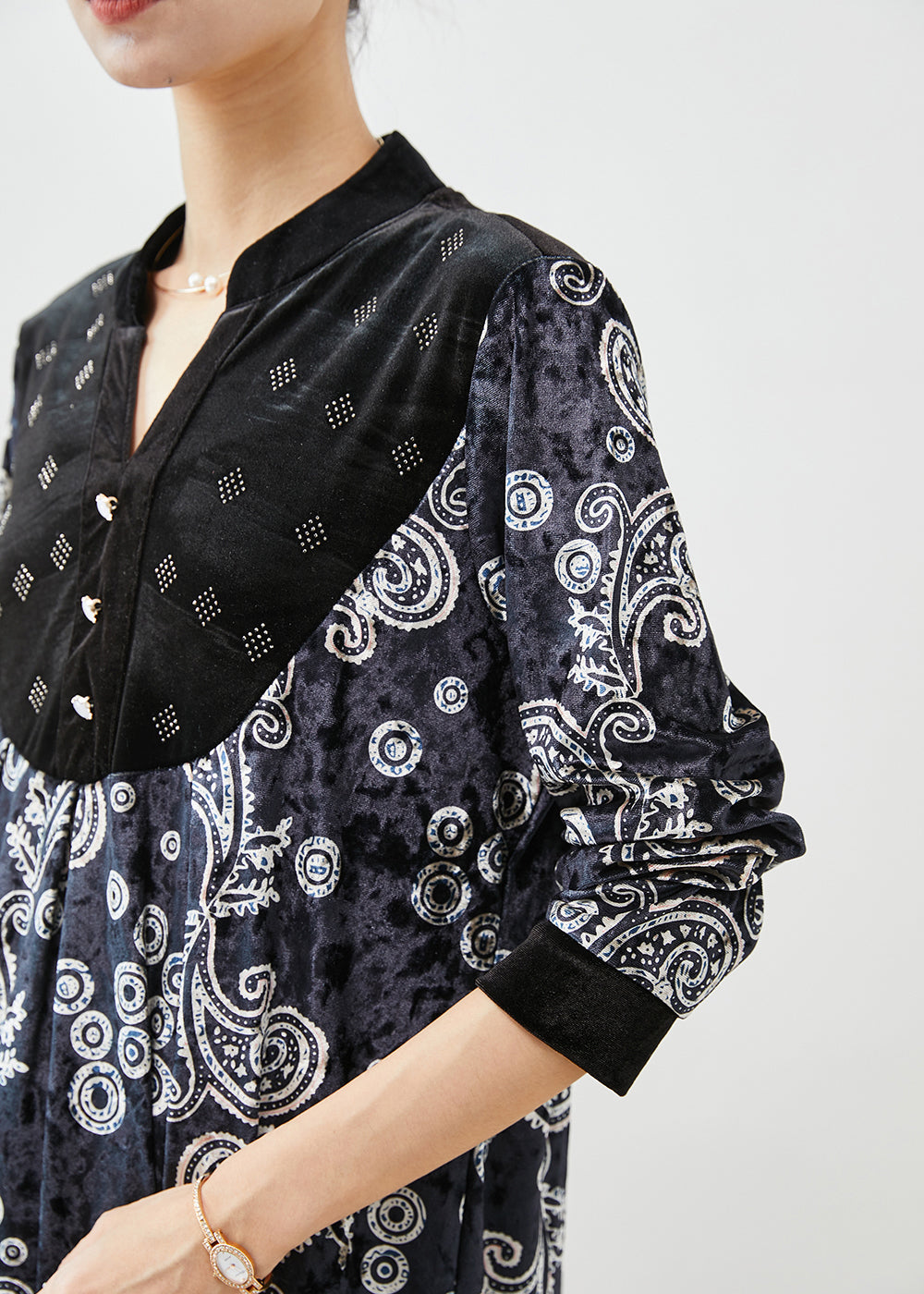 Boho Black V Neck Patchwork Print Silk Velour Long Shirt Fall Ada Fashion