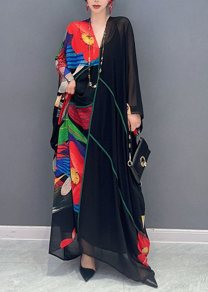 Boho Black V Neck Print Patchwork Chiffon Maxi Dress Summer Ada Fashion