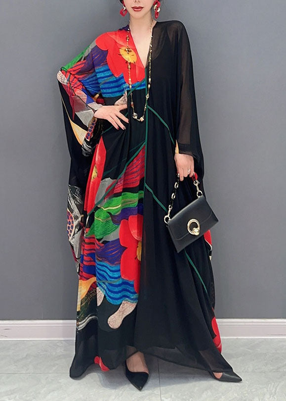 Boho Black V Neck Print Patchwork Chiffon Maxi Dress Summer Ada Fashion