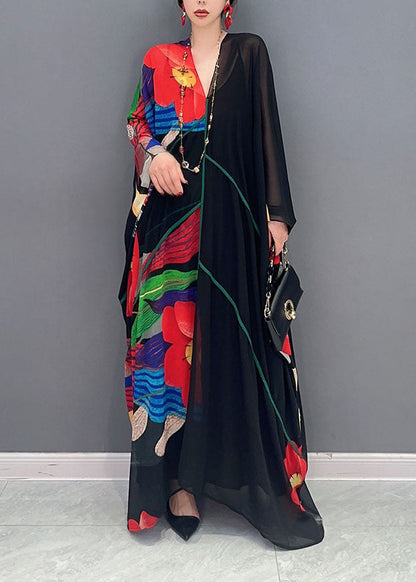 Boho Black V Neck Print Patchwork Chiffon Maxi Dress Summer Ada Fashion