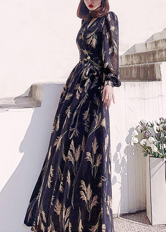 Boho Black V Neck Print Slim Long Dress Long Sleeve LY1721 - fabuloryshop