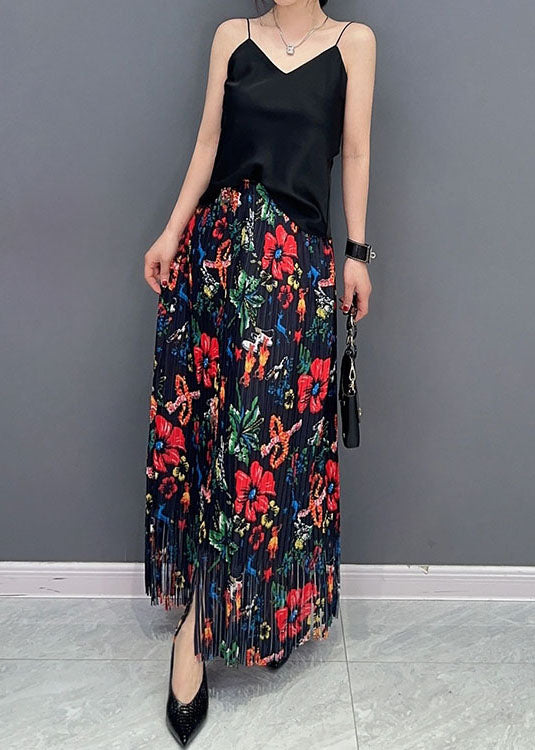 Boho Black Wrinkled Tasseled Floral Print Cotton Skirts Spring LC0339 - fabuloryshop