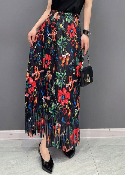 Boho Black Wrinkled Tasseled Floral Print Cotton Skirts Spring LC0339 - fabuloryshop