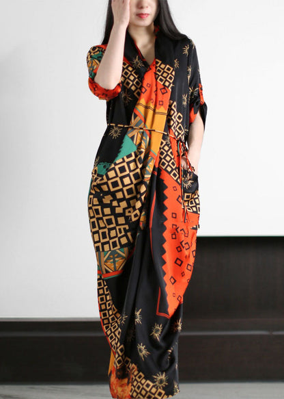 Boho Black Wrinkled Tie Waist Patchwork Silk Long Dresses Summer LY5166 - fabuloryshop