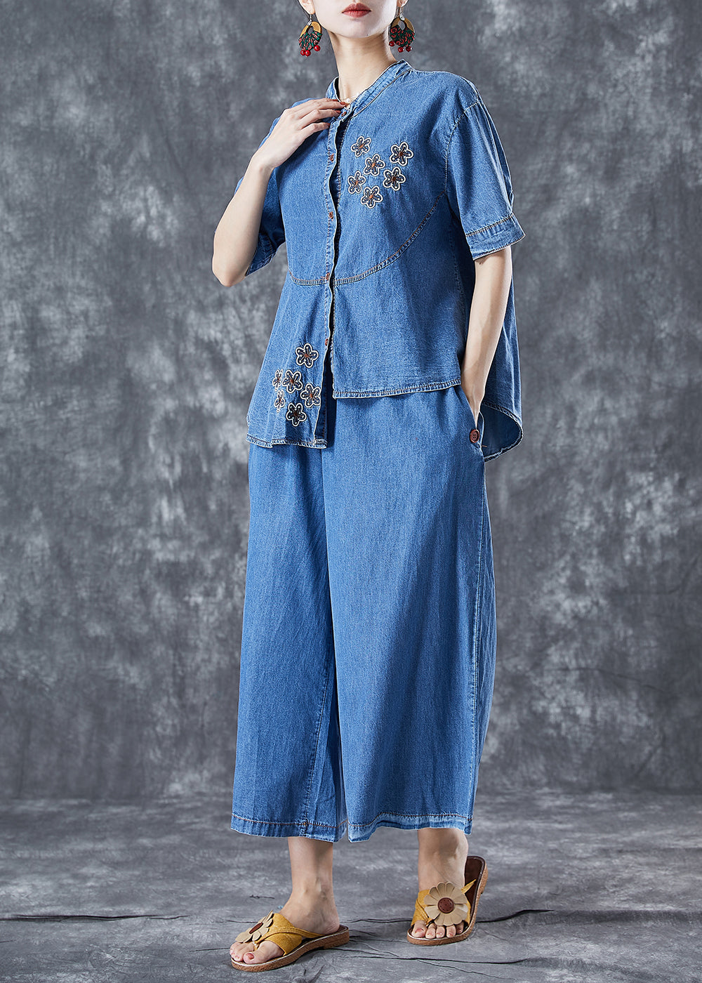 Boho Blue Asymmetrical Embroideried Denim Two Piece Set Fall LY5689 - fabuloryshop