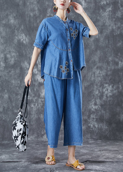 Boho Blue Asymmetrical Embroideried Denim Two Piece Set Fall LY5689 - fabuloryshop