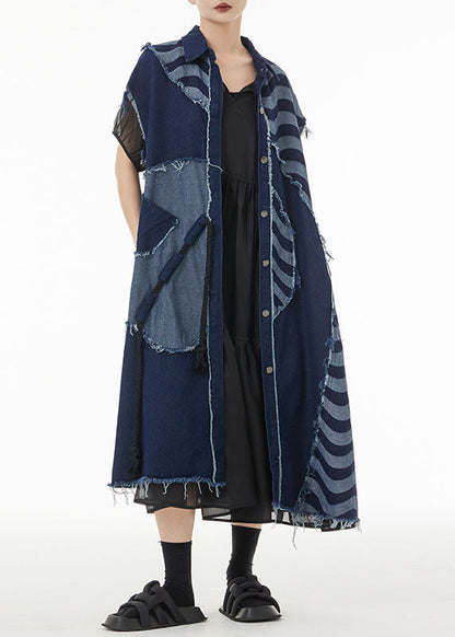 Boho Blue Asymmetrical Patchwork Cotton Denim Long Cardigans Sleeveless LC0157 - fabuloryshop