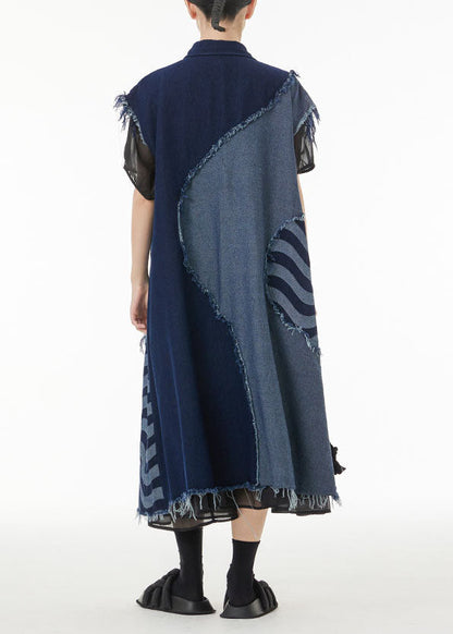 Boho Blue Asymmetrical Patchwork Cotton Denim Long Cardigans Sleeveless LC0157 - fabuloryshop