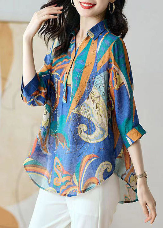 Boho Blue Button Zircon Patchwork Chiffon Shirt Tops Bracelet Sleeve Ada Fashion