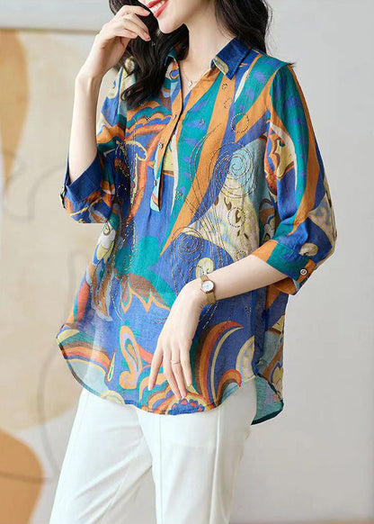 Boho Blue Button Zircon Patchwork Chiffon Shirt Tops Bracelet Sleeve Ada Fashion