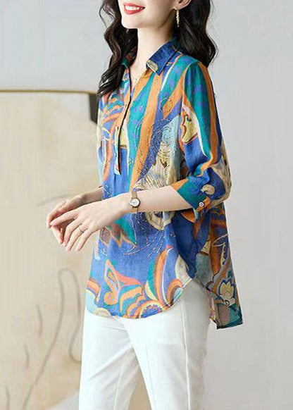 Boho Blue Button Zircon Patchwork Chiffon Shirt Tops Bracelet Sleeve Ada Fashion