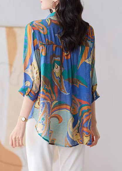 Boho Blue Button Zircon Patchwork Chiffon Shirt Tops Bracelet Sleeve Ada Fashion