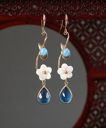 Boho Blue Copper Crystal Coloured Glaze Pearl Shell Flowwer Water Drop Drop Earrings LY2272 - fabuloryshop