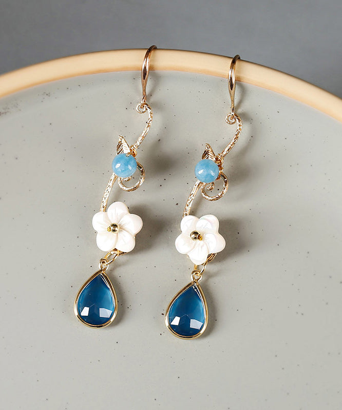 Boho Blue Copper Crystal Coloured Glaze Pearl Shell Flowwer Water Drop Drop Earrings LY2272