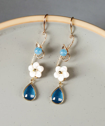 Boho Blue Copper Crystal Coloured Glaze Pearl Shell Flowwer Water Drop Drop Earrings LY2272 - fabuloryshop