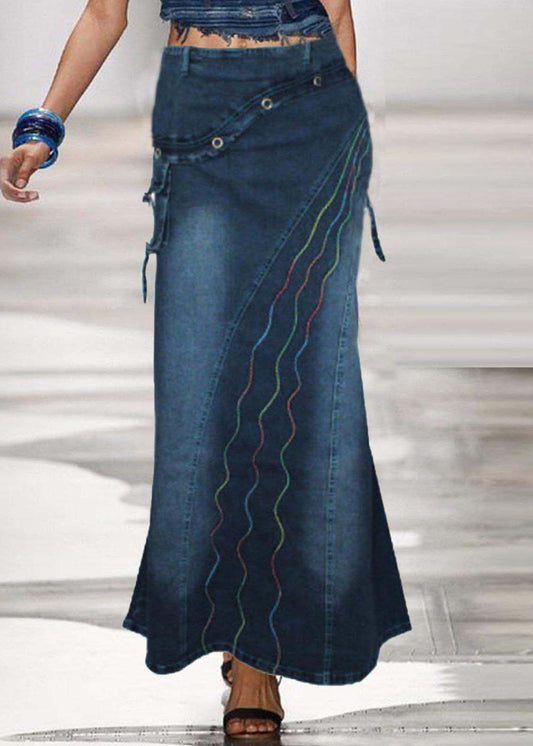 Boho Blue Embroideried Patchwork Denim Skirts Summer LY4028 - fabuloryshop