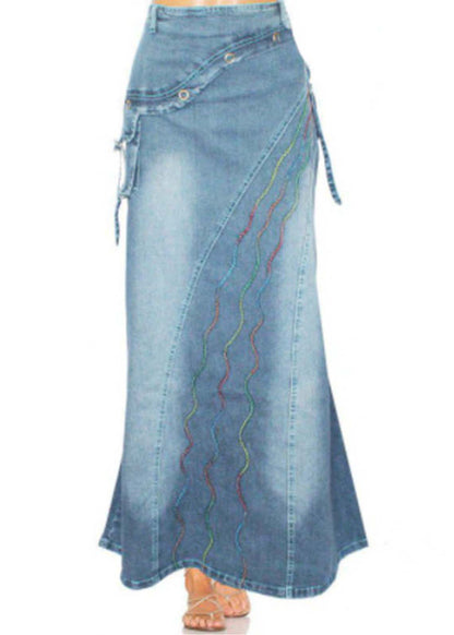 Boho Blue Embroideried Patchwork Denim Skirts Summer LY4028 - fabuloryshop