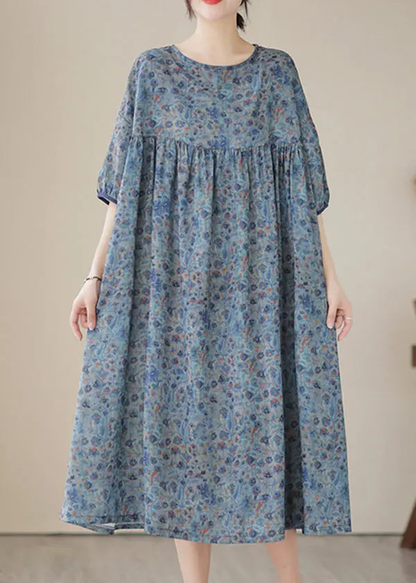 Boho Blue Grey Oversized Print Linen Maxi Dresses Summer Ada Fashion