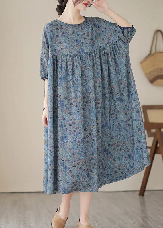 Boho Blue Grey Oversized Print Linen Maxi Dresses Summer Ada Fashion