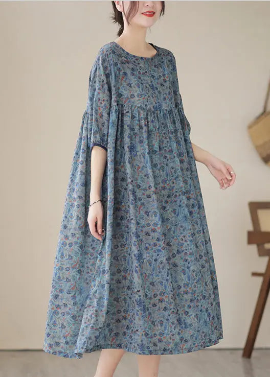 Boho Blue Grey Oversized Print Linen Maxi Dresses Summer Ada Fashion