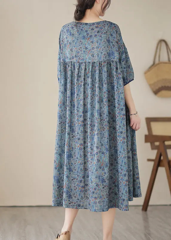 Boho Blue Grey Oversized Print Linen Maxi Dresses Summer Ada Fashion