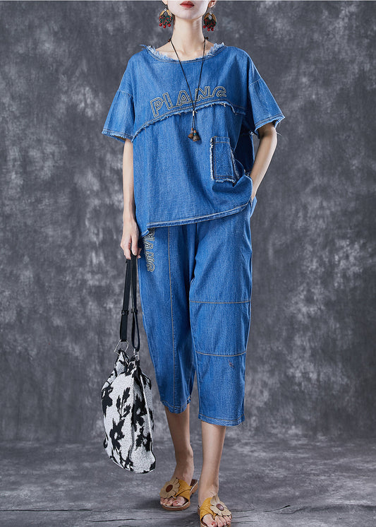 Boho Blue Letter Embroideried Patchwork Denim Two Pieces Set Summer LY6696 - fabuloryshop